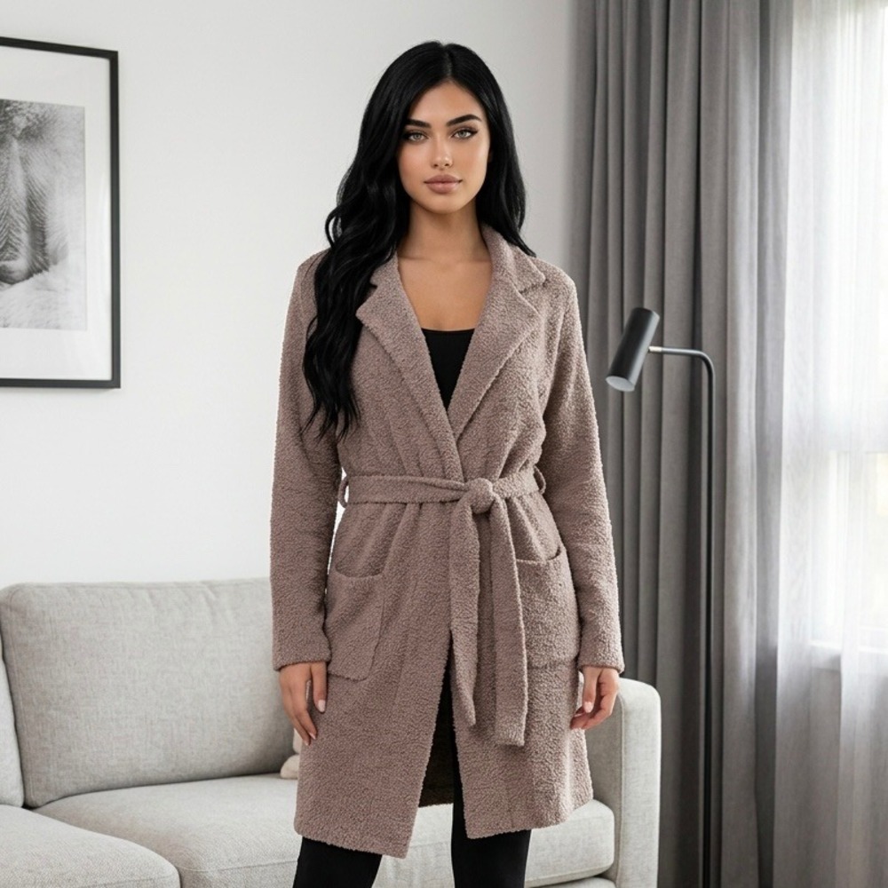 Cupcakes and Cashmere Mauve Taupe Boucle Knit Tie Waist Robe Cardigan Large